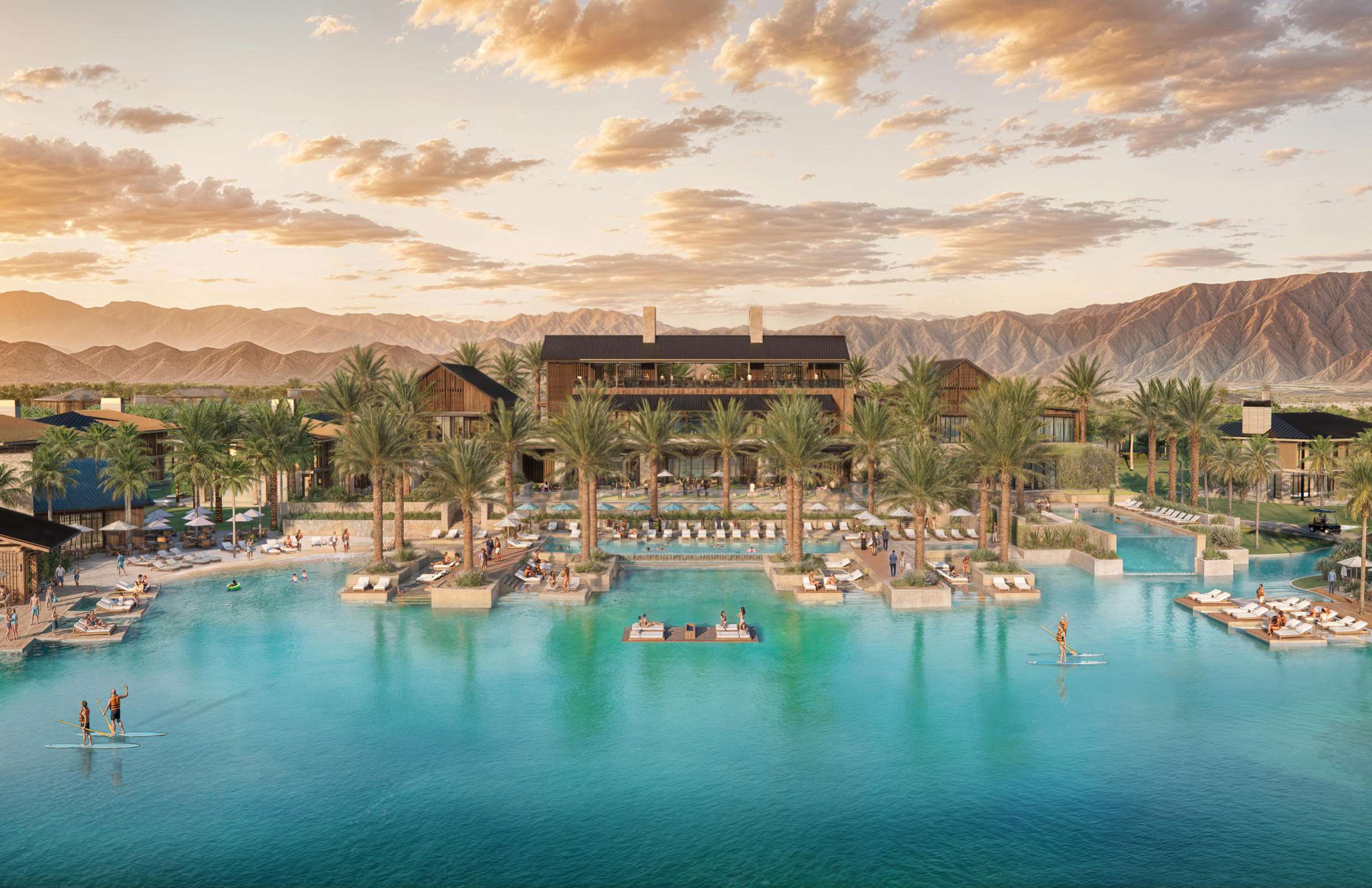 Cova Coachella Valley resort community clubhouse and lagoon at sunset, a Statewide Plumbing commercial project