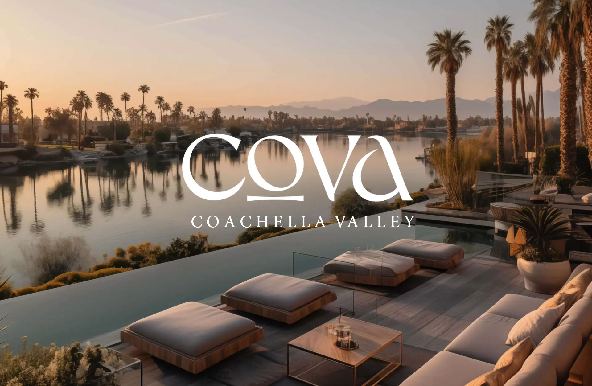 Cova Coachella Valley terrace with lounge daybeds and an infinity pool overlooking a desert lake at sunset