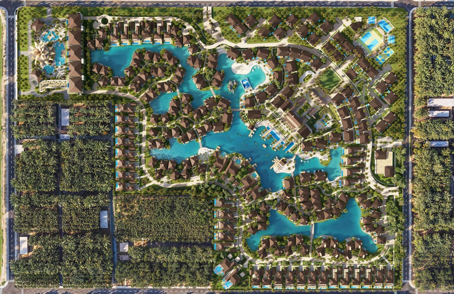 Aerial rendering of the Cova Coachella Valley community and lagoon